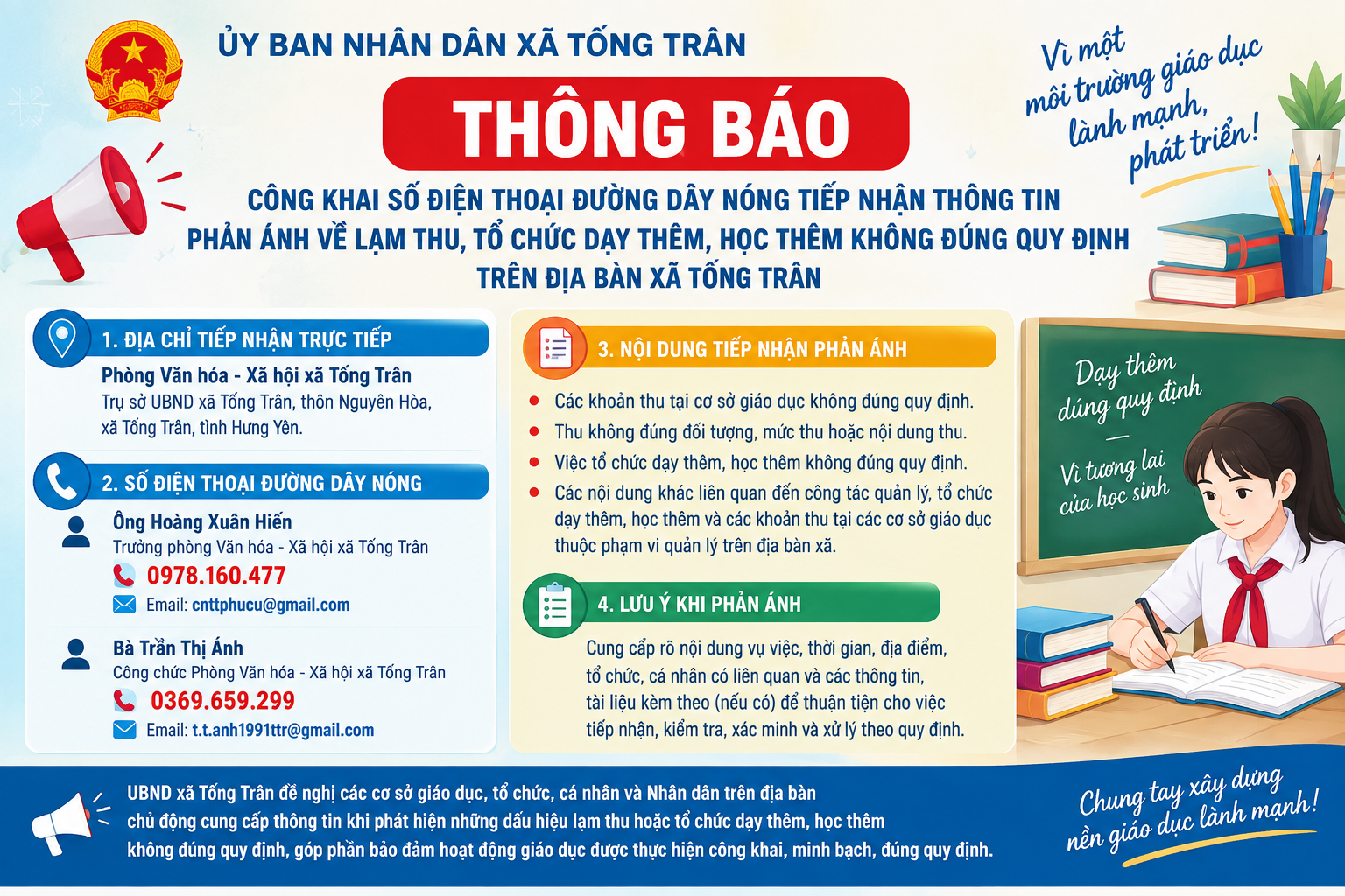 XÃ TỐNG TRÂN CÔNG KHAI ĐƯỜNG DÂY NÓNG TIẾP NHẬN PHẢN ÁNH VỀ LẠM THU, DẠY THÊM, HỌC THÊM KHÔNG ĐÚNG QUY ĐỊNH