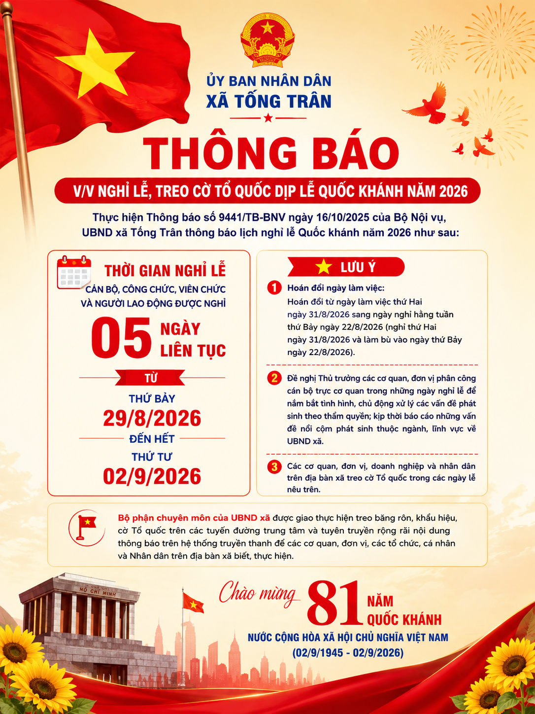 XÃ TỐNG TRÂN THÔNG BÁO NGHỈ LỄ QUỐC KHÁNH 2/9 VÀ TREO CỜ TỔ QUỐC NĂM 2026