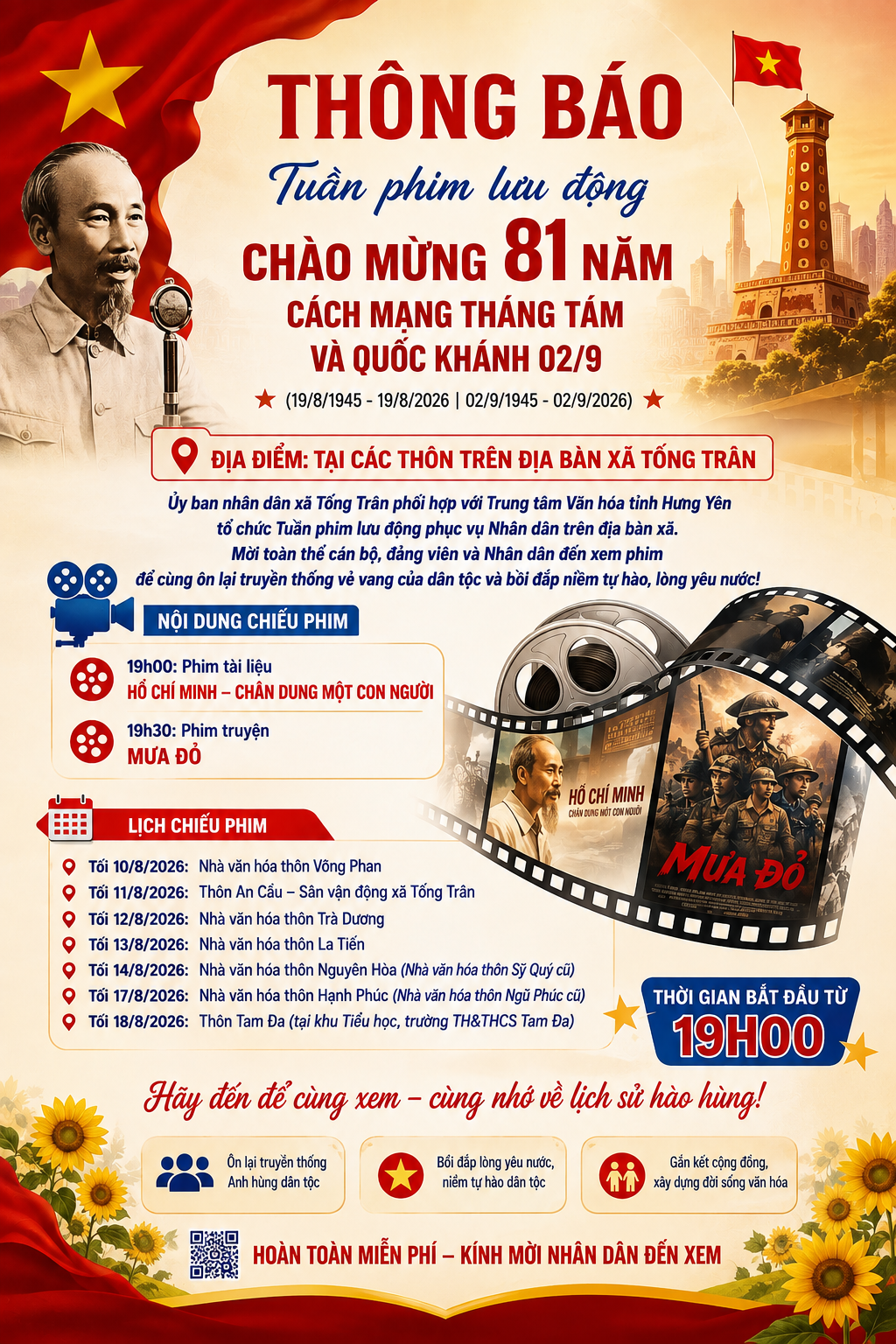 XÃ TỐNG TRÂN TỔ CHỨC TUẦN PHIM LƯU ĐỘNG MIỄN PHÍ CHÀO MỪNG 81 NĂM CÁCH MẠNG THÁNG TÁM VÀ QUỐC KHÁNH 02/9